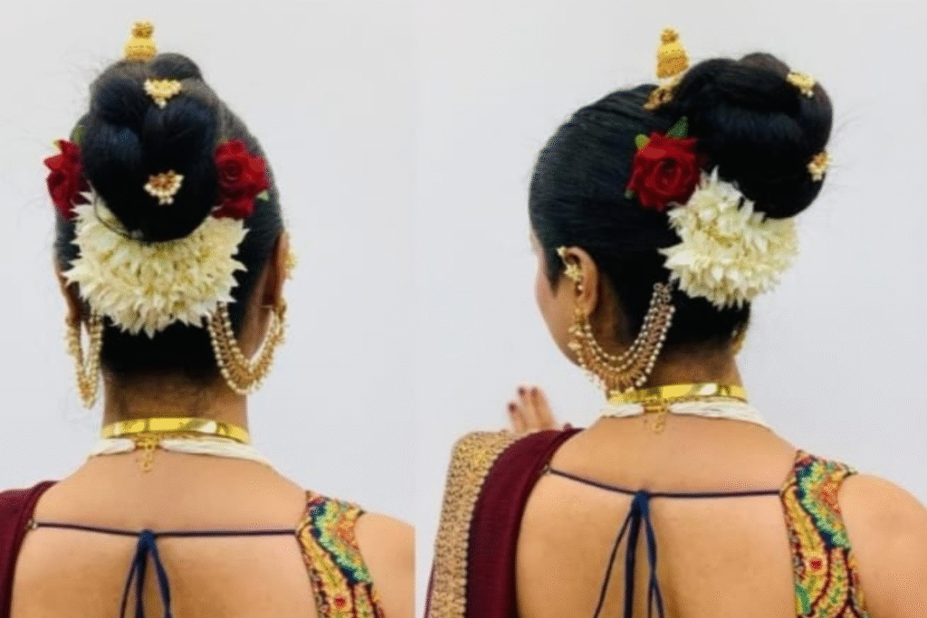 Simple Mangala Gauri hairstyle:मंगला गौरी और गणपति फंक्शन के लिए लेटेस्ट हेयरस्टाइल आइडियाज 2 Simple Mangala Gauri hairstyle